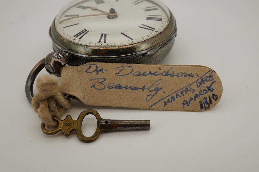 A George IV silver open faced key wind verge pocket watch, by Edward Manley, London, with Roman dial, the signed movement numbered 7633, case diameter 50mm. Condition - fair